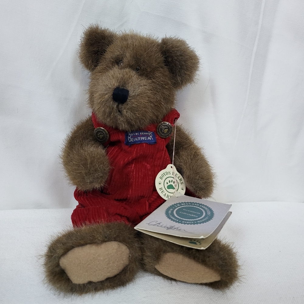 Boyds Bears '96 Christopher Bearwear Red Overalls 10" Handmade Plush NWT Vintage